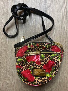 Betsey Johnson Mini Crossbody Bag – Black w/ Cheetah & Red Rose Print